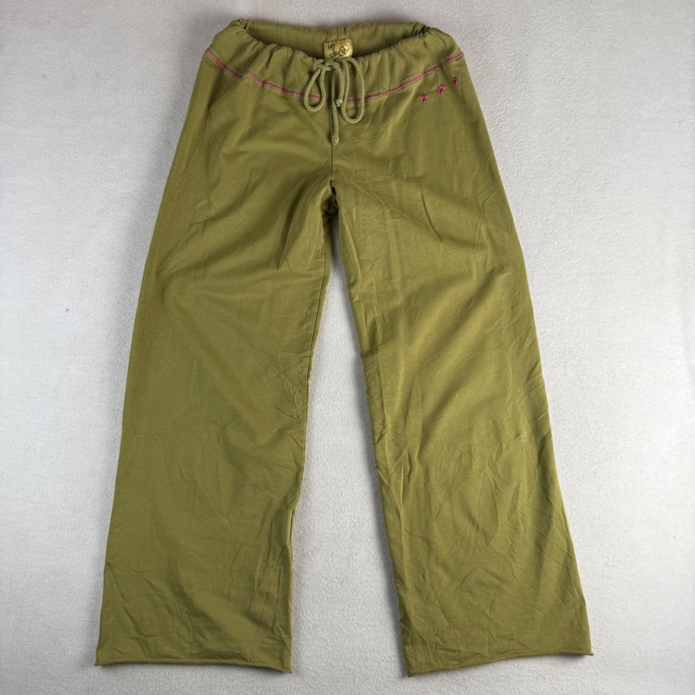 Vintage Olive Green Wide Leg Lounge Pants Embroidered Ribbed Waist XL